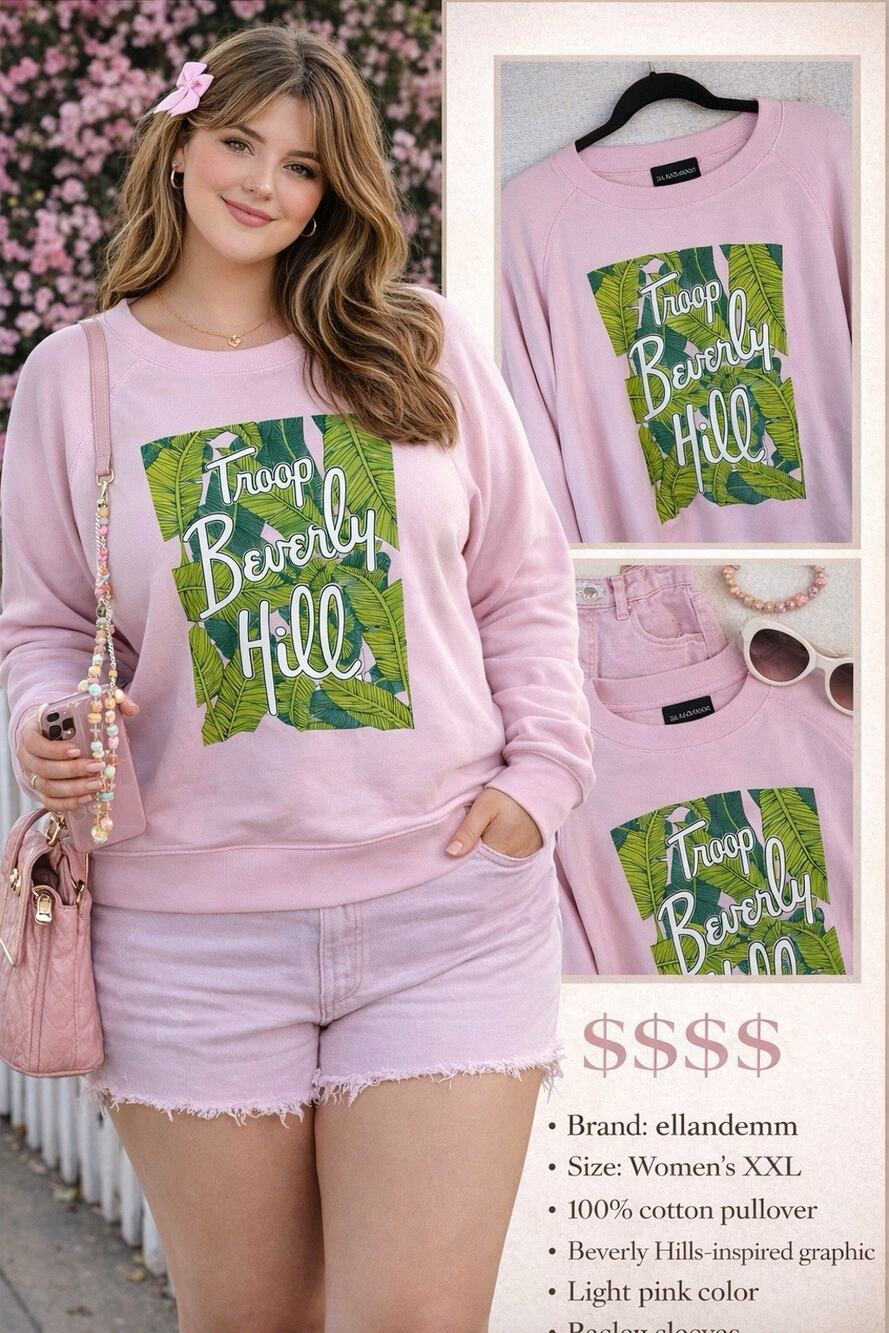 EllandEmm Beverly Hills Long Sleeve Sweatshirt Pullover Crewneck Blush Pink XXL